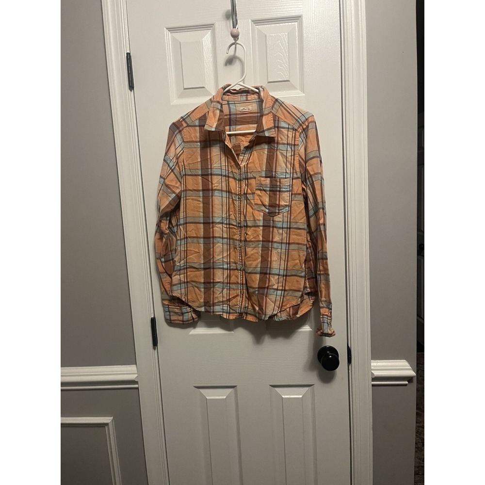 Hollister Peach‎ & Blue Plaid Flannel Womens L. Fall or Pumpkin Patch Cabinicore
